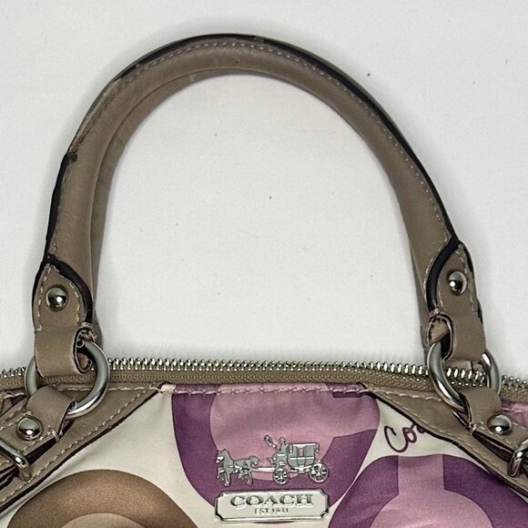 Coach Madison Patent Leather Sophia satchel 💋🍇♥️S♡LD  Coach Madison Clover Print Sophia Satchel Purple Pink Sateen Taupe Leather 15946